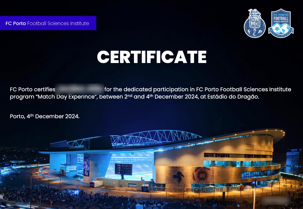 Exemple de certificat FC Porto délivré lors d'un précédent séminaire, nom masqué